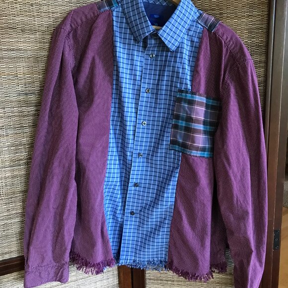 Upcycled Patchwork Button-Down Shirt, Size M-L: Boho Blue Purple Polka Dot Top - Picture 12 of 15